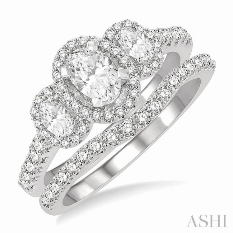 1 1/4 ctw Diamond Wedding Set With 1 ct Triple Oval Shape Past, Present & Future Engagement Ring and 1/4 ct Curved Wedding Band in 14K White Gold