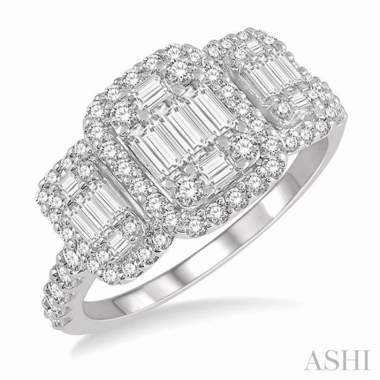 1 1/6 ctw Triple Mount Baguette & Round Cut Fusion Diamond Ring in 14K White Gold