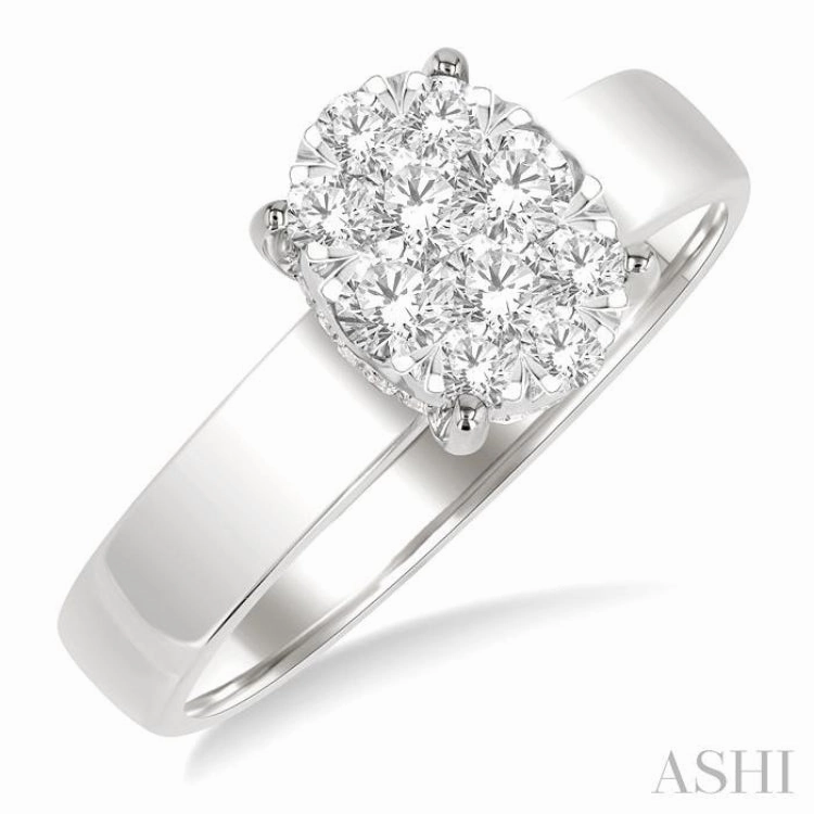 1/2 Ctw Bold Shank Oval Shaped Lovebright Round Cut Diamond Ring in 14K White Gold
