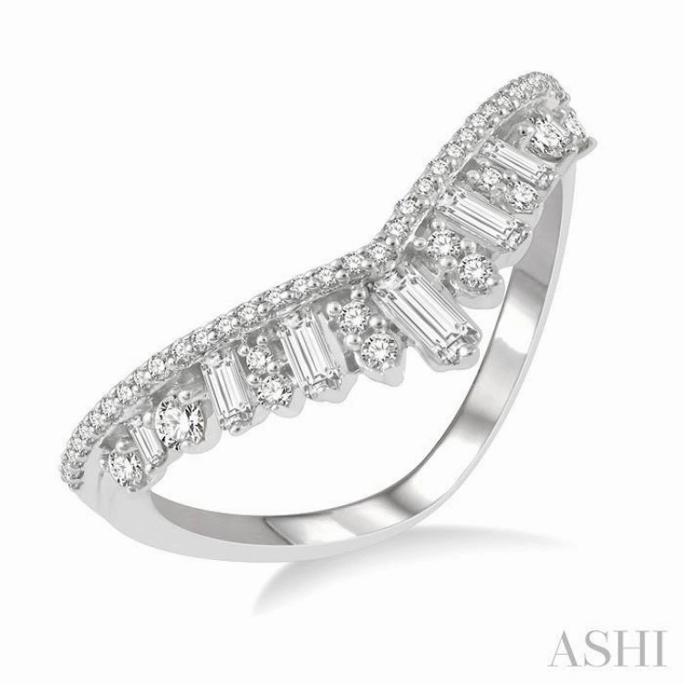 1/2 ctw Chevron Drop Down Baguette and Round Cut Diamond Fashion Ring in 14K White Gold