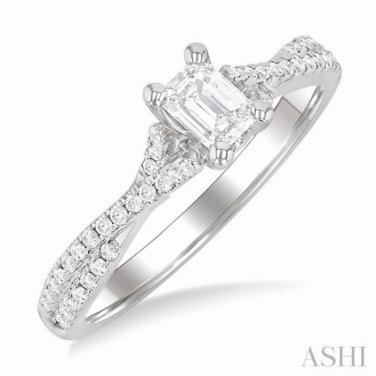 1/2 ctw Criss Cross Shank Round Cut Diamond Engagement Ring With 1/3 ct Emerald Cut Diamond Center Stone in 14K White Gold