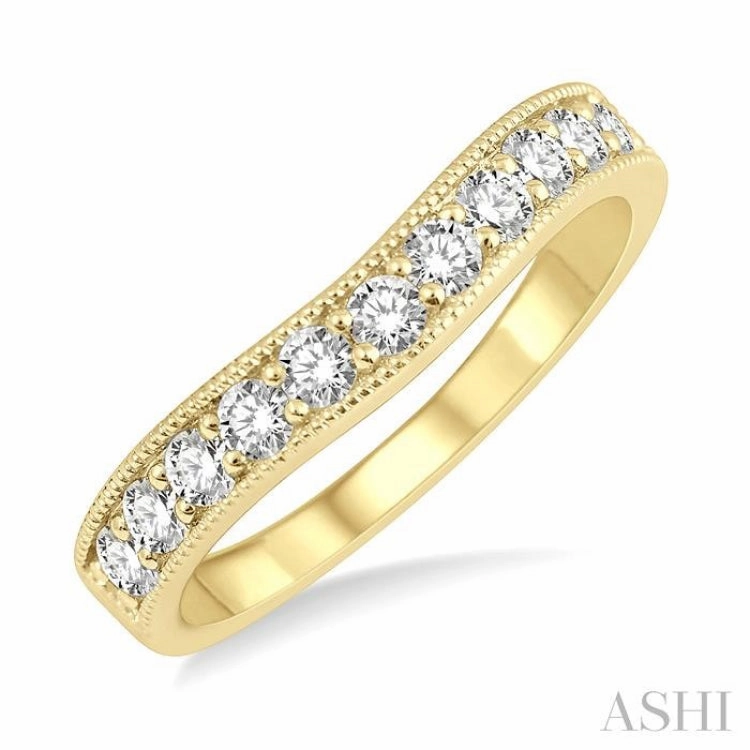 1/2 ctw Curved Center Milgrain Border Round Cut Diamond Wedding Band in 14K Yellow Gold