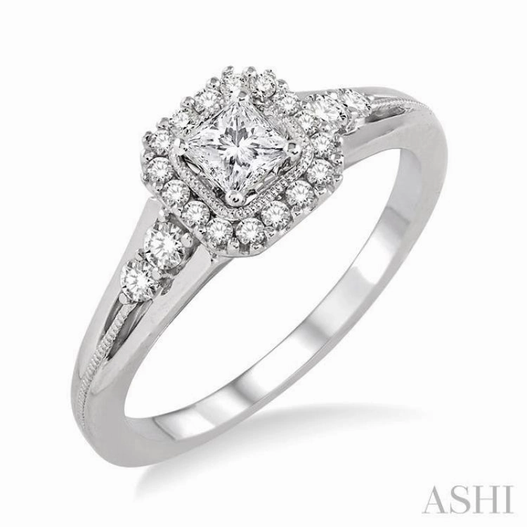 1/2 ctw Diamond Engagement Ring with 1/4 ct Princess Cut Center Stone in 14K White Gold