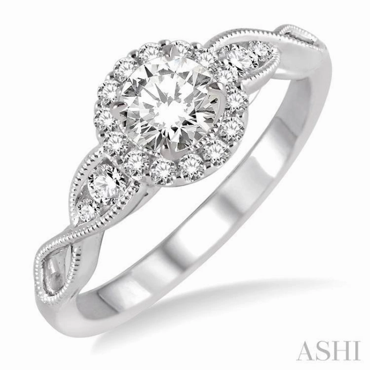 1/2 ctw Diamond Engagement Ring with 1/5 ct Round Cut Center Stone in 14K White Gold