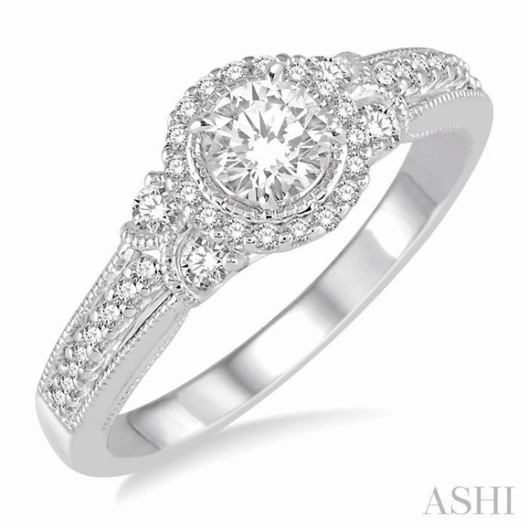 1/2 ctw Diamond Engagement Ring with 1/5 ct Round Cut Center Stone in 14K White Gold
