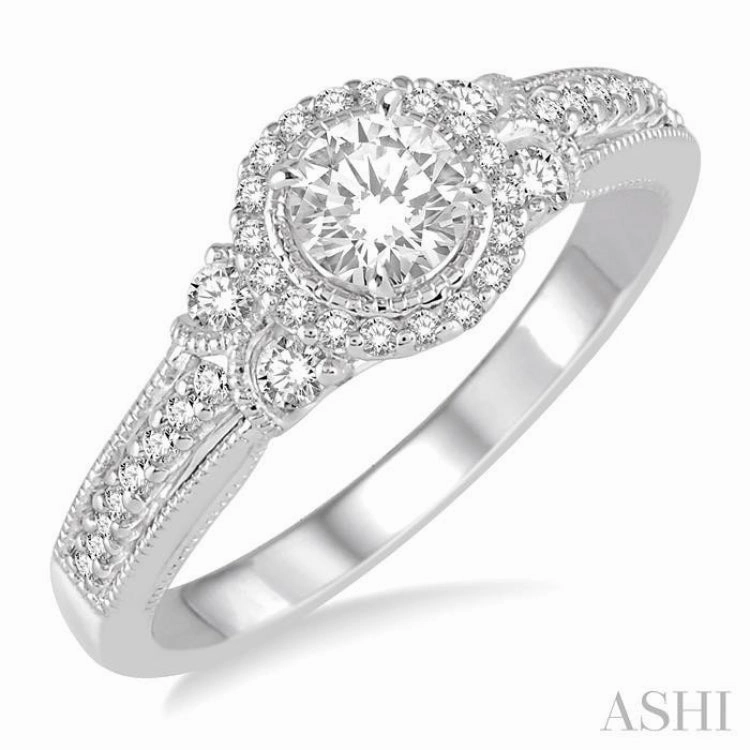 1/2 ctw Diamond Engagement Ring with 1/5 ct Round Cut Center Stone in 14K White Gold