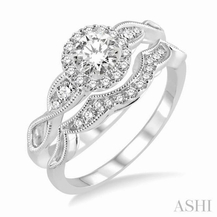 1/2 Ctw Diamond Wedding Set with 1/2 Ctw Round Cut Engagement Ring and 1/10 Ctw Wedding Band in 14K White Gold
