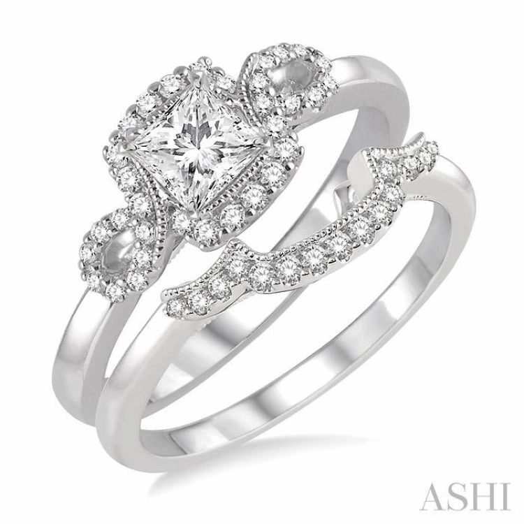 1/2 ctw Diamond Wedding Set with 3/8 ctw Princess Cut Engagement Ring and 1/10 ctw Wedding Band in 14K White Gold