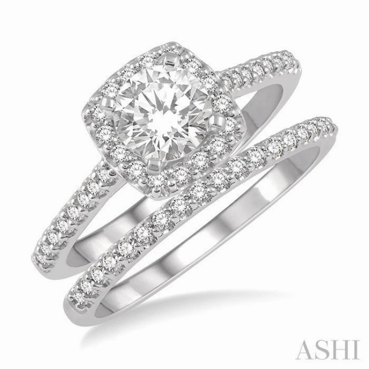 1/2 ctw Diamond Wedding Set With 3/8 ctw Round Cut Engagement Ring and 1/10 ctw Wedding Band in 14K White Gold