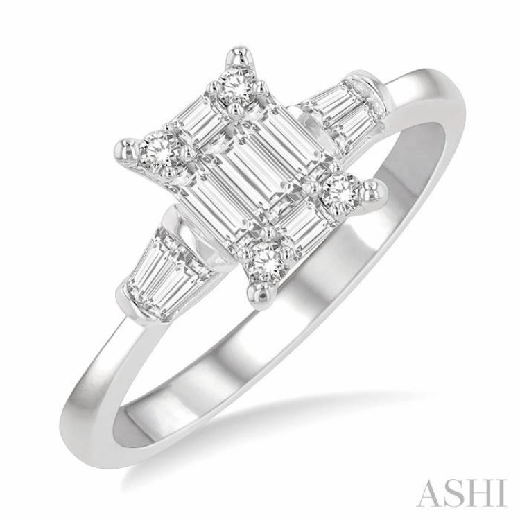 1/2 ctw Modern Rectangular Head Baguette and Round Cut Diamond Ladies Ring in 14K White Gold