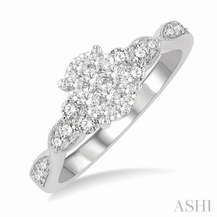 1/2 ctw Oval Shape Center Criss-Cross Carved Shank Lovebright Round Cut Diamond Engagement Ring in 14K White Gold