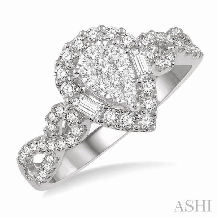 1/2 ctw Pear Shape Bow Shank Lovebright Round and Baguette Diamond Ring in 14K White gold