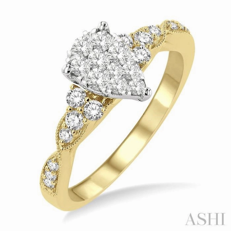 1/2 ctw Pear Shape Center Criss-Cross Carved Shank Lovebright Round Cut Diamond Engagement Ring in 14K Yellow and White Gold