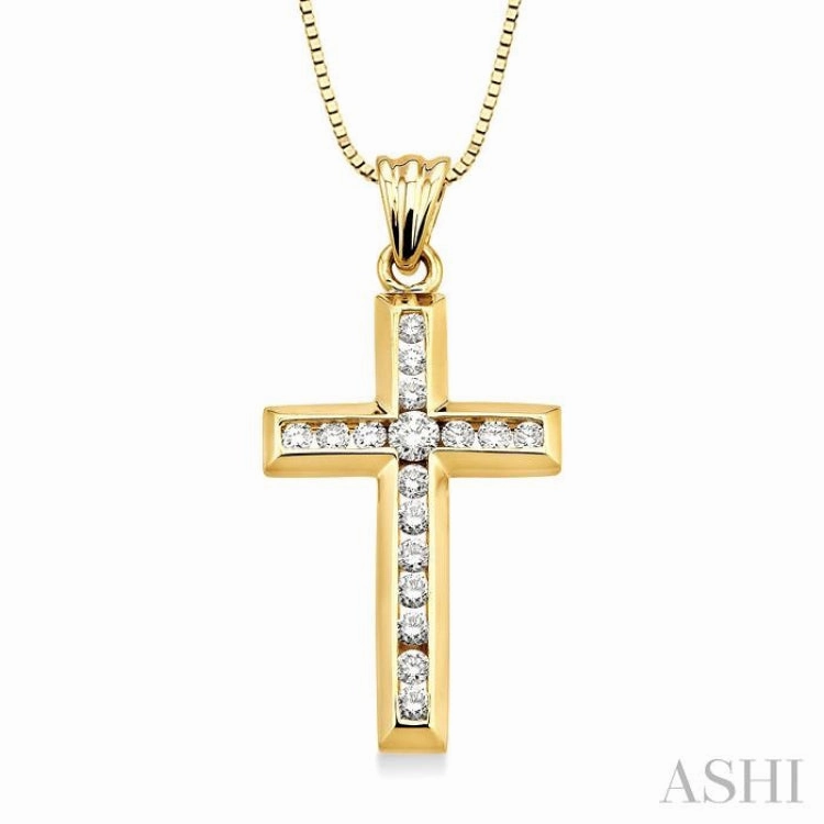 1/2 ctw Round Cut Diamond Cross Pendant in 10K Yellow Gold with Chain