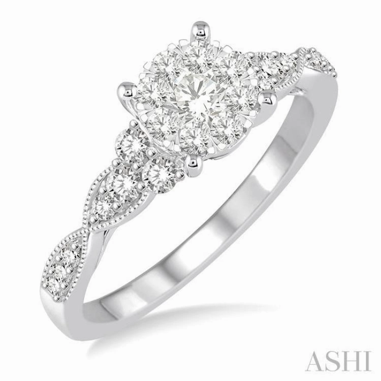 1/2 ctw Round Cut Diamond Lovebright Engagement Ring in 14K White Gold