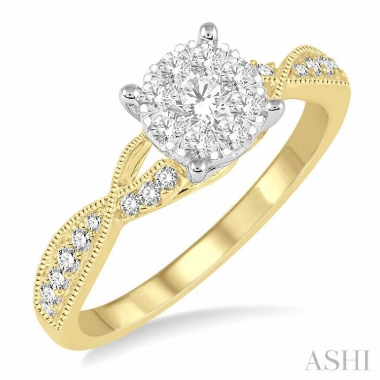 1/2 ctw Round Cut Diamond Lovebright Engagement Ring in 14K Yellow and White Gold