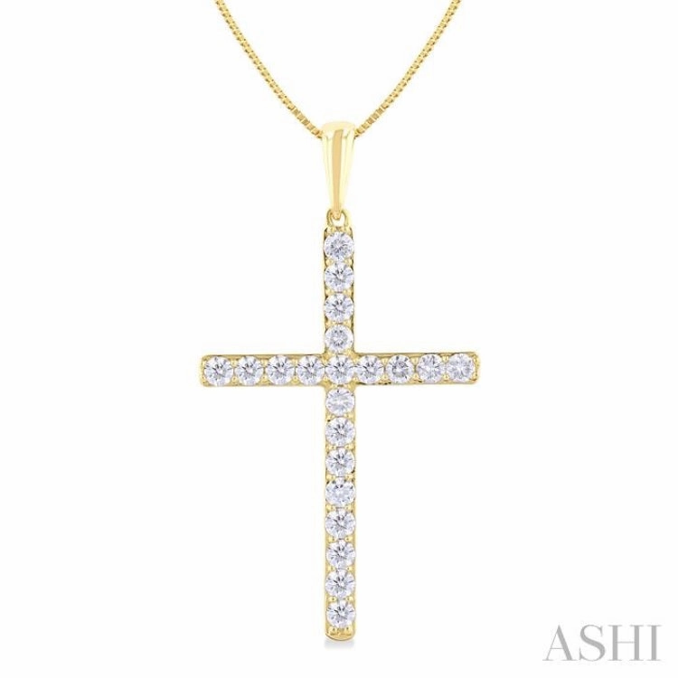 1/2 ctw Round Cut Diamond Prong Set 1-Inch Plate Cross Pendant With Chain in 14K Yellow Gold
