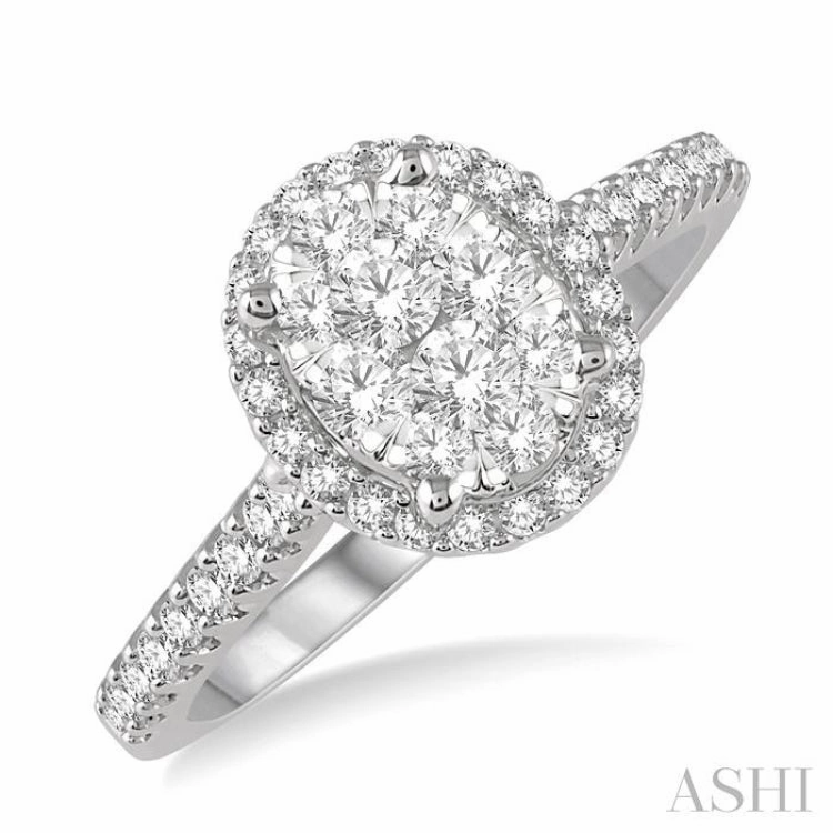 1/2 ctw Round Diamond Lovebright Oval Shape Halo Engagement Ring in 14K White and Yellow Gold