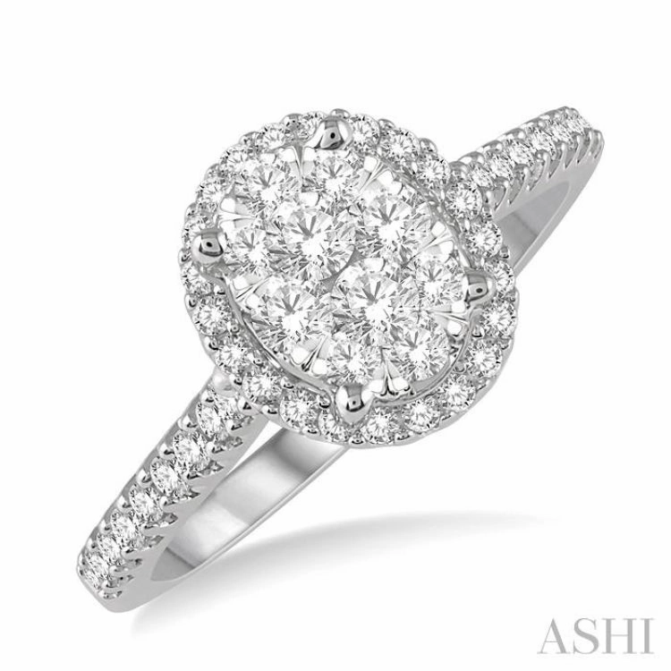 1/2 ctw Round Diamond Lovebright Oval Shape Halo Engagement Ring in 14K White and Yellow Gold