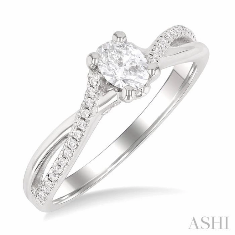 1/2 ctw Split Criss Cross Shank Round Cut Diamond Engagement Ring With 1/3 ct Oval Cut Diamond Center Stone in 14K White Gold