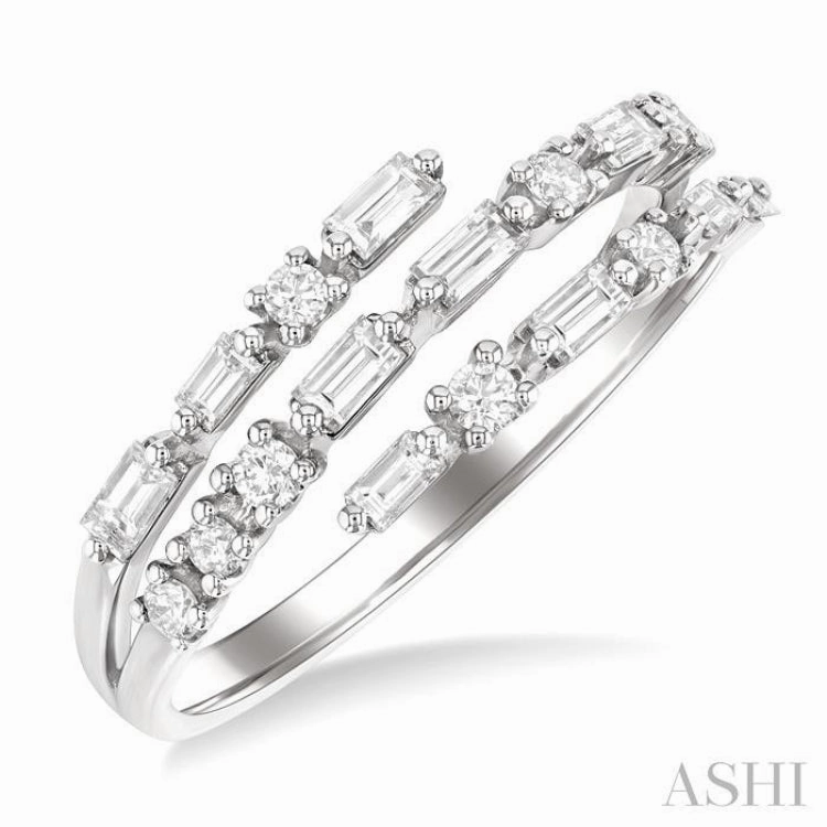1/2 Ctw Split Triple-Arm Baguette and Round Cut Diamond Open Fashion Band in 14K White Gold