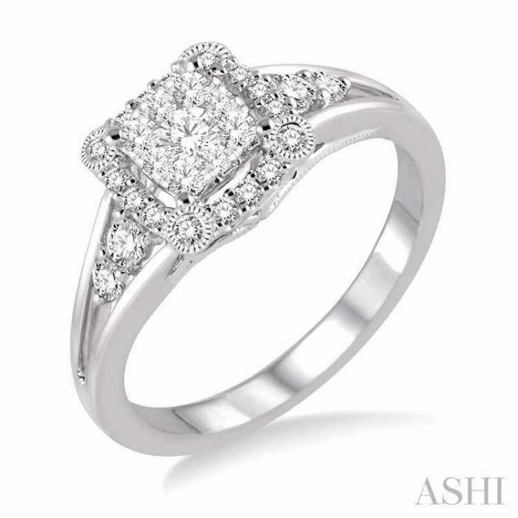 1/2 ctw Square Shape Round Cut Diamond Lovebright Ring in 14K White Gold