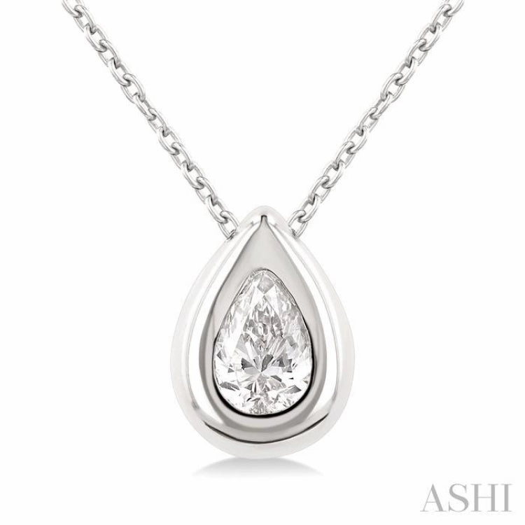 1/3 ctw Bezel Set Pear Cut Diamond Bubble Fashion Pendant With Chain in 14K White Gold
