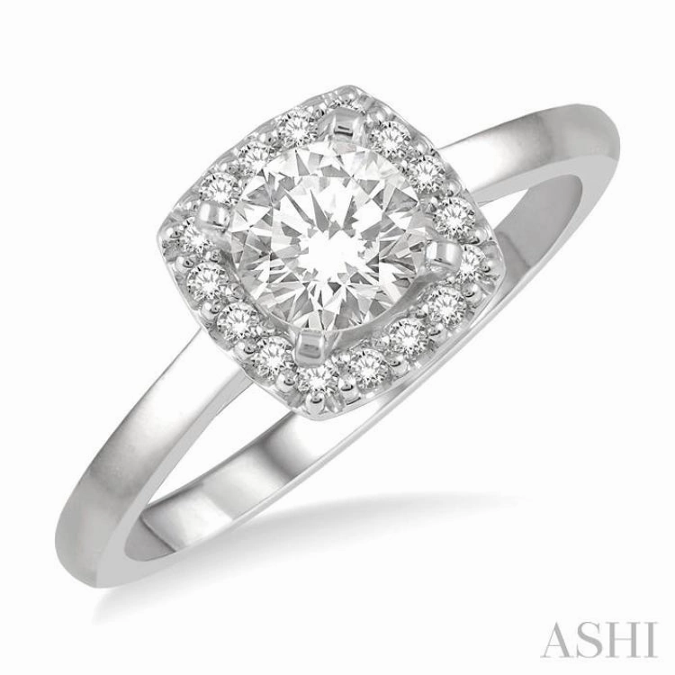 1/3 ctw Cushion Shape Halo Diamond Engagement Ring With 1/4 ct Round Cut Diamond Center Stone in 14K White Gold