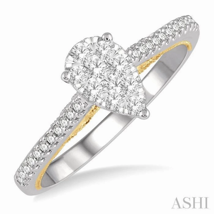 1/3 ctw Pear Shape Round Cut Diamond Lovebright Ring in 14K White and Yellow gold.