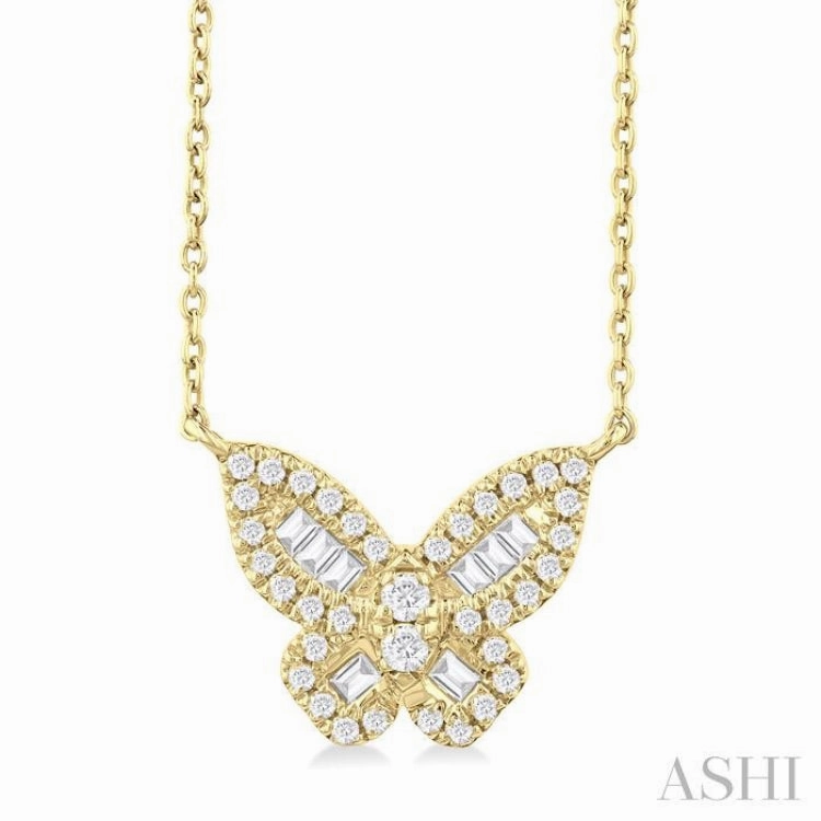 1/3 ctw Petite Butterfly Baguette and Round Cut Diamond Fashion Pendant With Chain in 10K Yellow Gold