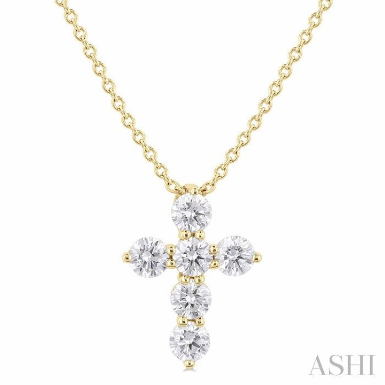 1/3 ctw Round Cut Diamond Christian Cross 6-Stone Fashion Pendant With Chain in 14K Yellow Gold