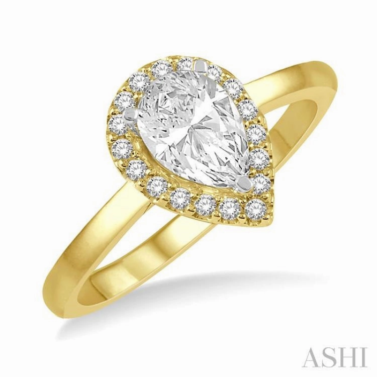 1/3 ctw Round Cut Diamond Halo Engagement Ring With 1/4 ct Pear Cut Center Stone in 14K Yellow and White Gold