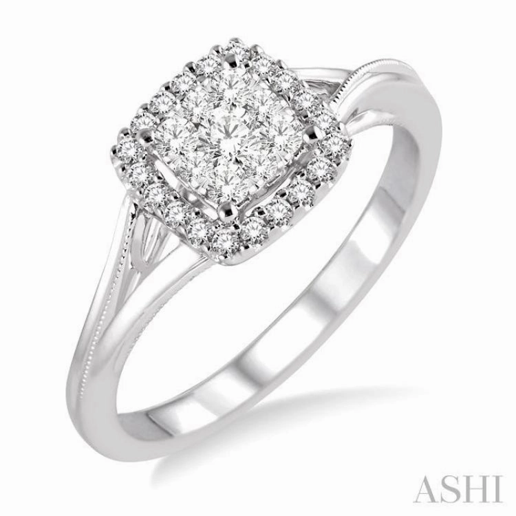 1/3 ctw Square Shape Round Cut Diamond Lovebright Ring in 14K White Gold