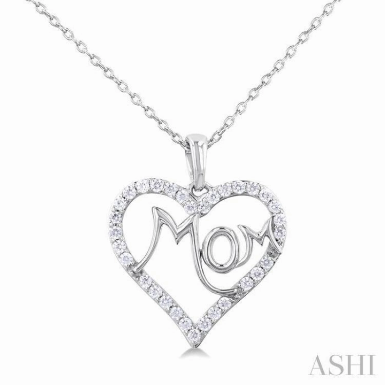 1/4 ctw 'MOM' Heart Frame Round Cut Diamond Fashion Pendant With Chain in 10K White Gold