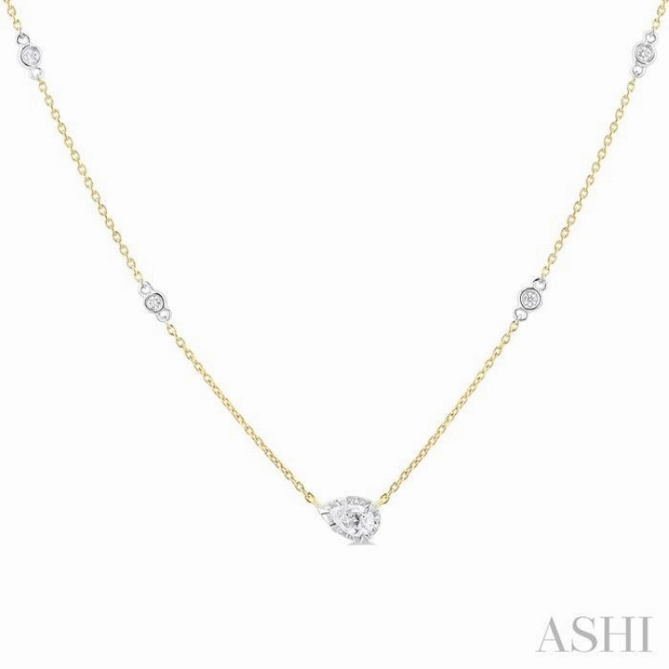 1/4 Ctw Bezel Set Pear and Round Cut Diamond Station Necklace in 14K Yellow and White Gold