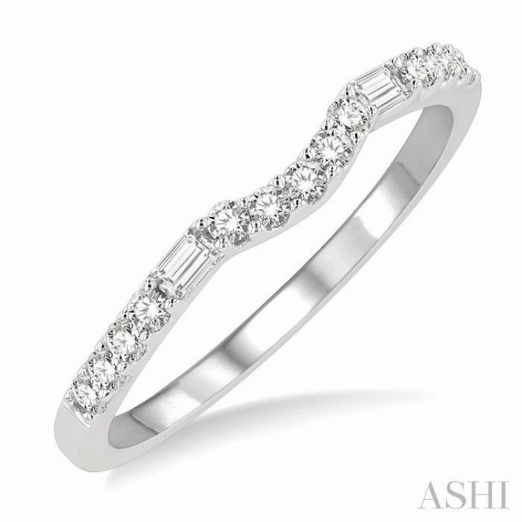 1/4 ctw Curved Center Baguette and Round Cut Diamond Wedding Band in 14K White Gold