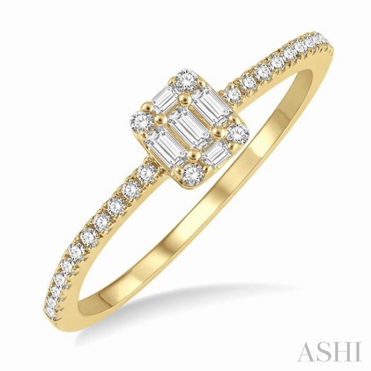 1/4 ctw Cushion Shape Petite Baguette and Round Cut Diamond Fashion Promise Ring in 10K Yellow Gold