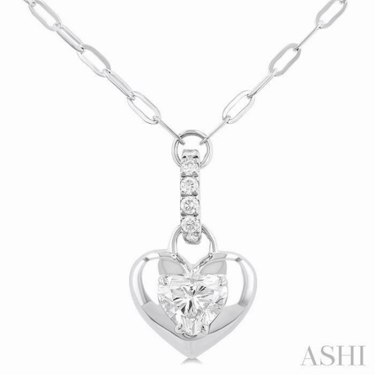 1/4 Ctw Dome Heart and Round Cut Diamond Fashion Pendant With Paper Clip Chain in 14K White Gold