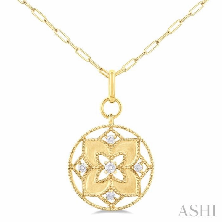 1/4 ctw Floral Medallion Circle Round Cut Diamond Fashion Pendant With Paperclip Chain in 14K Yellow Gold
