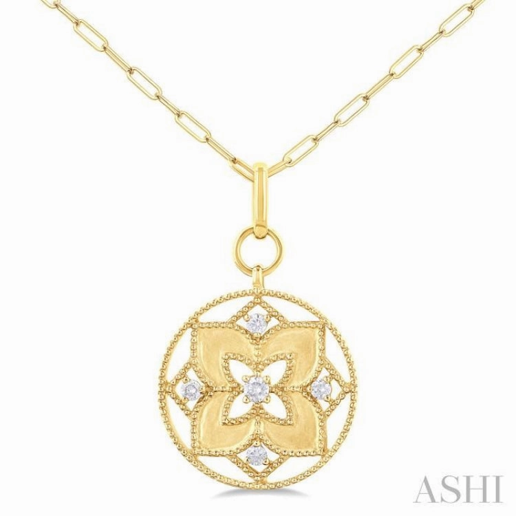 1/4 ctw Floral Medallion Circle Round Cut Diamond Fashion Pendant With Paperclip Chain in 14K Yellow Gold