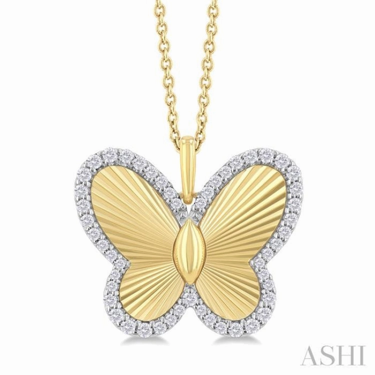 1/4 ctw Fluted Texture Butterfly Round Cut Diamond Fashion Pendant With Chain in 10K Yellow and White Gold