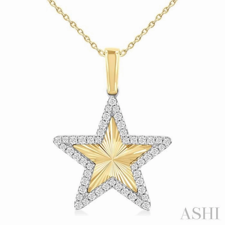 1/4 ctw Fluted Texture Star Round Cut Diamond Fashion Pendant With Chain in 10K Yellow and White Gold