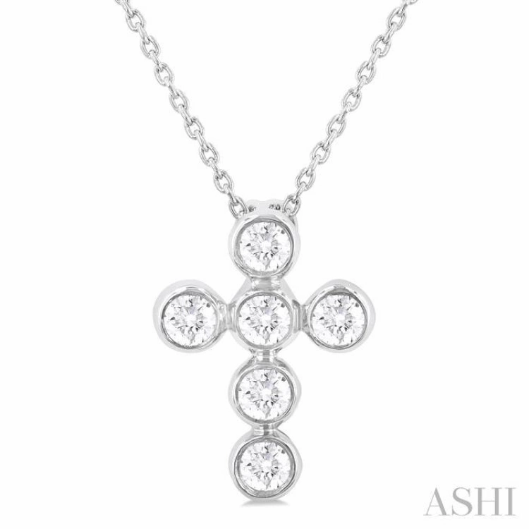 1/4 Ctw Round Cut Diamond 6-Stone Bezel Set Cross Pendant With Chain in 14K White Gold