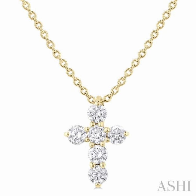1/4 ctw Round Cut Diamond Christian Cross 6-Stone Fashion Pendant With Chain in 14K Yellow Gold