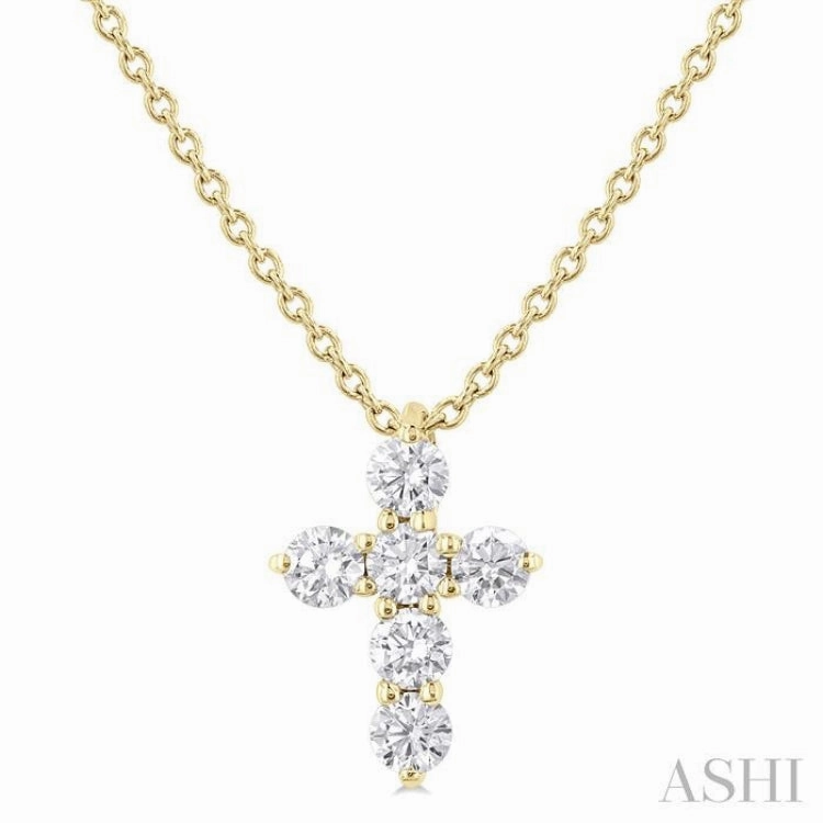1/4 ctw Round Cut Diamond Christian Cross 6-Stone Fashion Pendant With Chain in 14K Yellow Gold