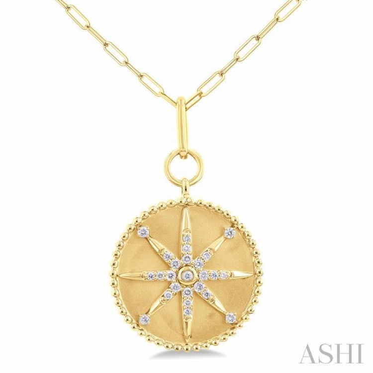 1/4 Ctw Round Cut Diamond Compass Symbol Circle Medallion Fashion Pendant With Paperclip Chain in 14K Yellow Gold