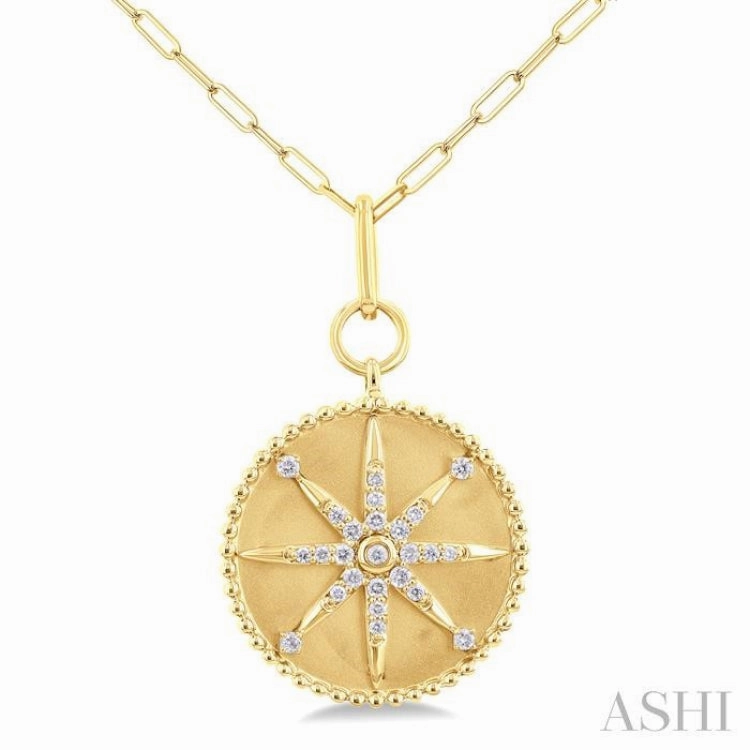 1/4 Ctw Round Cut Diamond Compass Symbol Circle Medallion Fashion Pendant With Paperclip Chain in 14K Yellow Gold