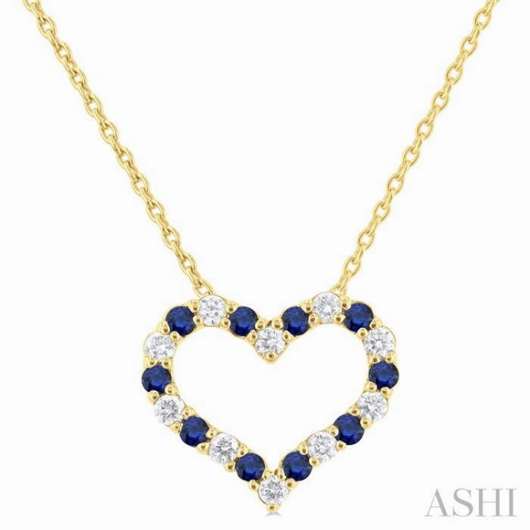 1.4 MM Round Cut Sapphire and 1/8 ctw Open Heart Round Cut Diamond Precious Fashion Pendant With Chain in 14K Yellow Gold