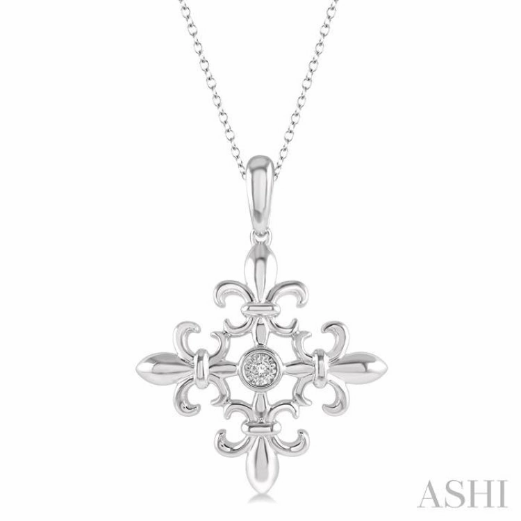 1/50 ctw Fleur De Lis Round Cut Diamond Pendant With Chain in Sterling Silver