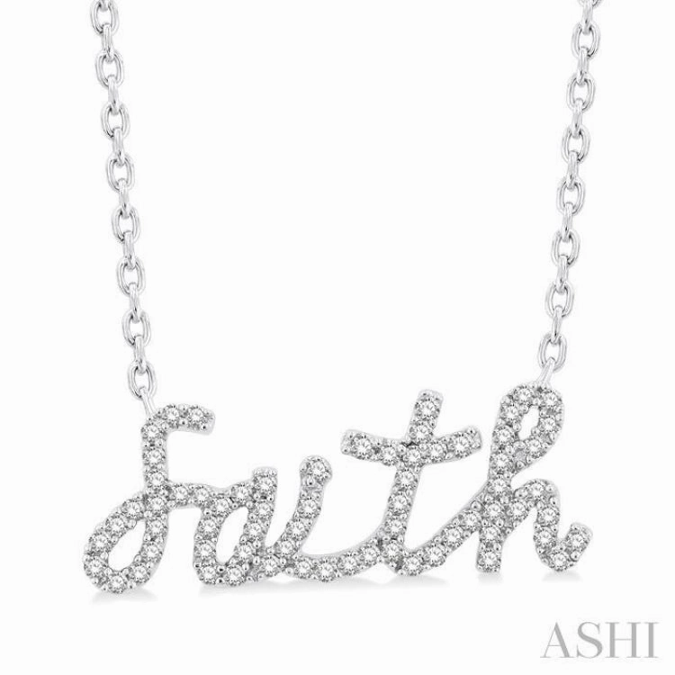 1/5 Ctw 'faith' Script Pendant Round Cut Diamond Necklace in 10K White Gold